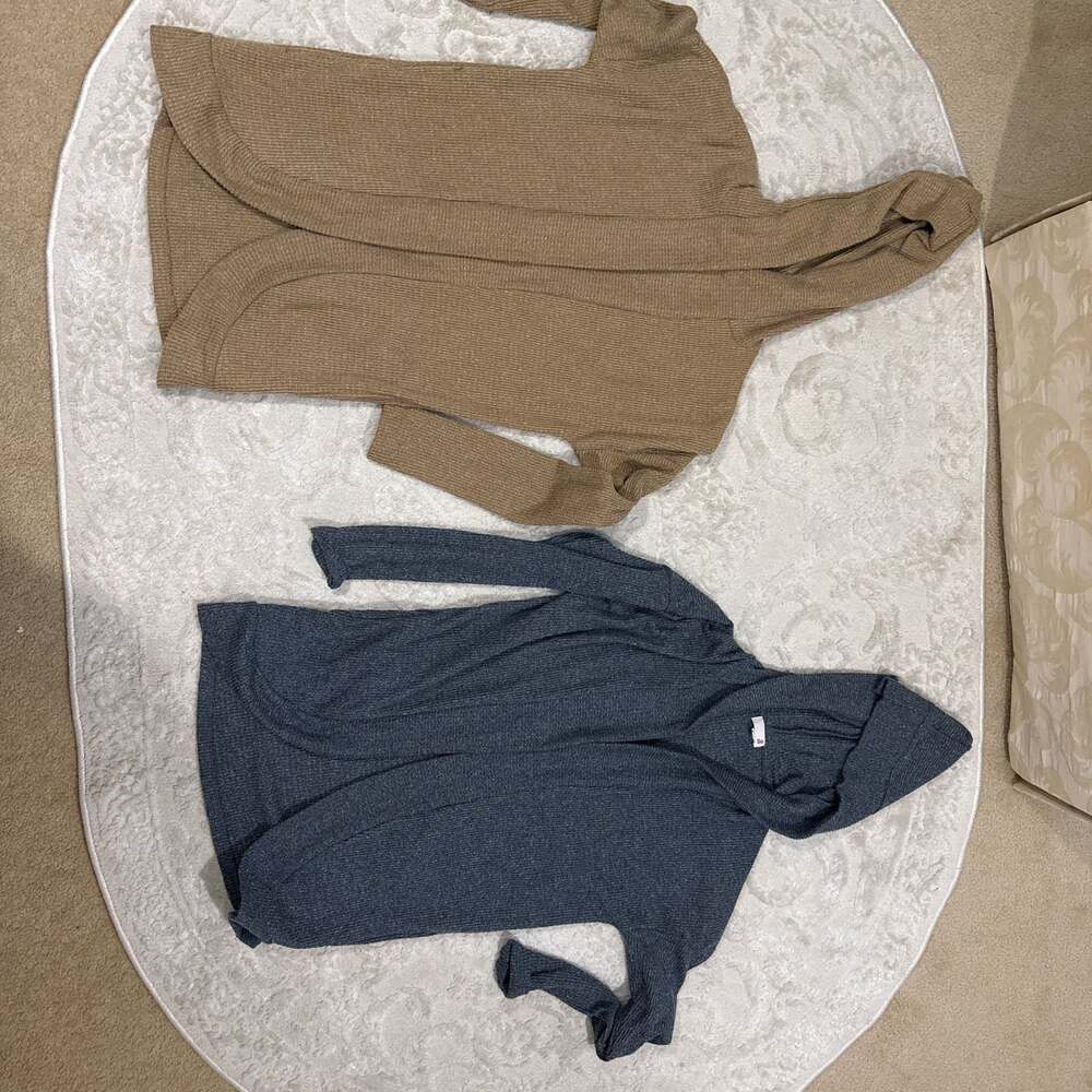 SO‎ Open Front Hoodie Cardigan Sweater Set - Tan & Blue